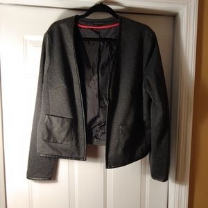 Grey Blazer with Faux Leather Trim